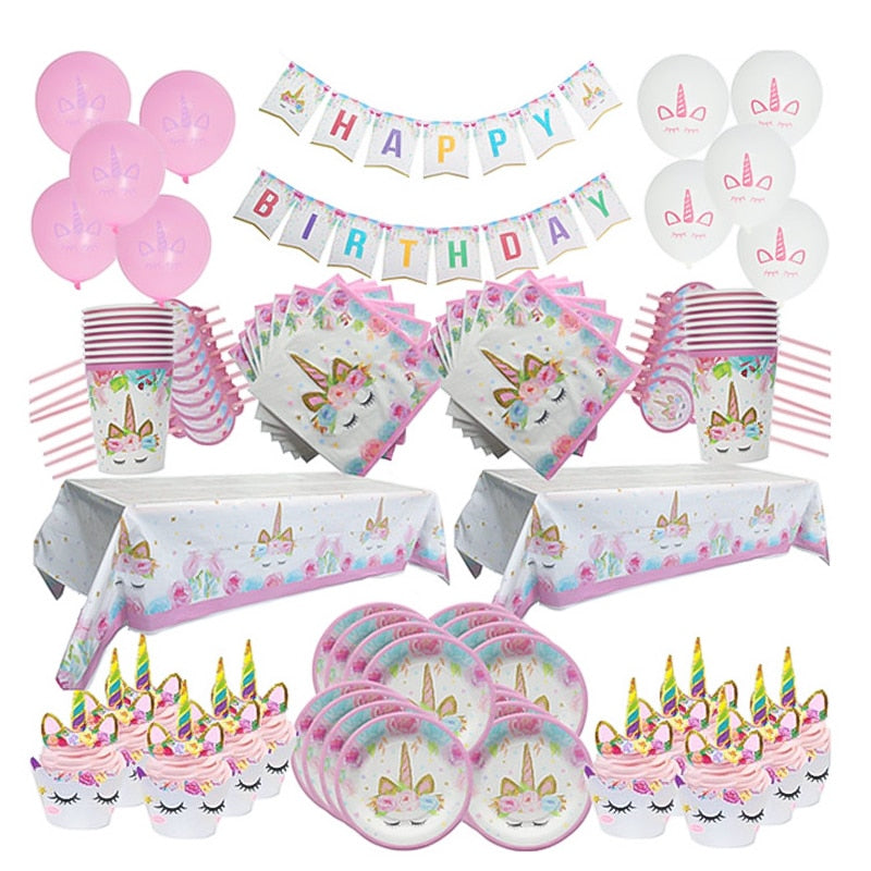 Unicorn Party 3-tier Cup Cake Stand Paper Plates Cups Balloon Birthday Party Decoration Kids Unicornio Party Girls Baby Shower