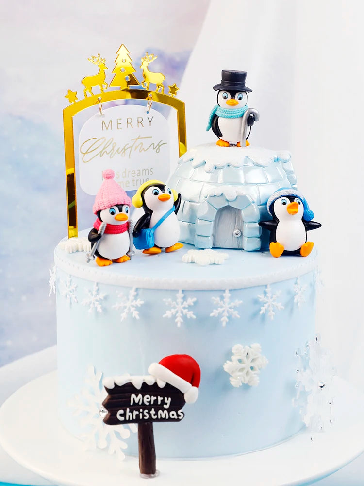 Merry Christmas Hat Scarf Winter Penguin Cake Topper for Baby Shower Snowflake Xmas Party Baking Decoration Dessert Supplies