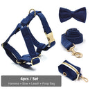 Deep Blue Velvet Personalized Dog Harness Luxury Designer Dog Collar Leash Set Bow Pet Collar with Walking Lead Pet Accessories