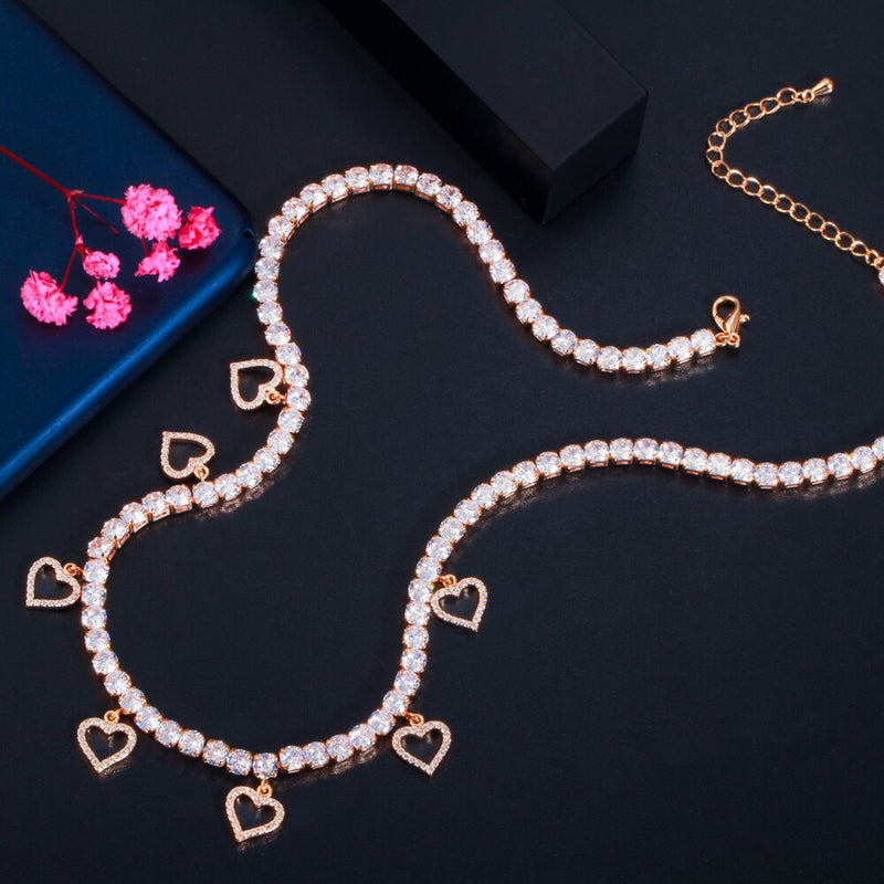 CWWZircons Bling CZ Gold Color Butterfly Heart Charms Tennis Chain Choker Necklace for Women Fashion Famous Brand Jewelry CP076