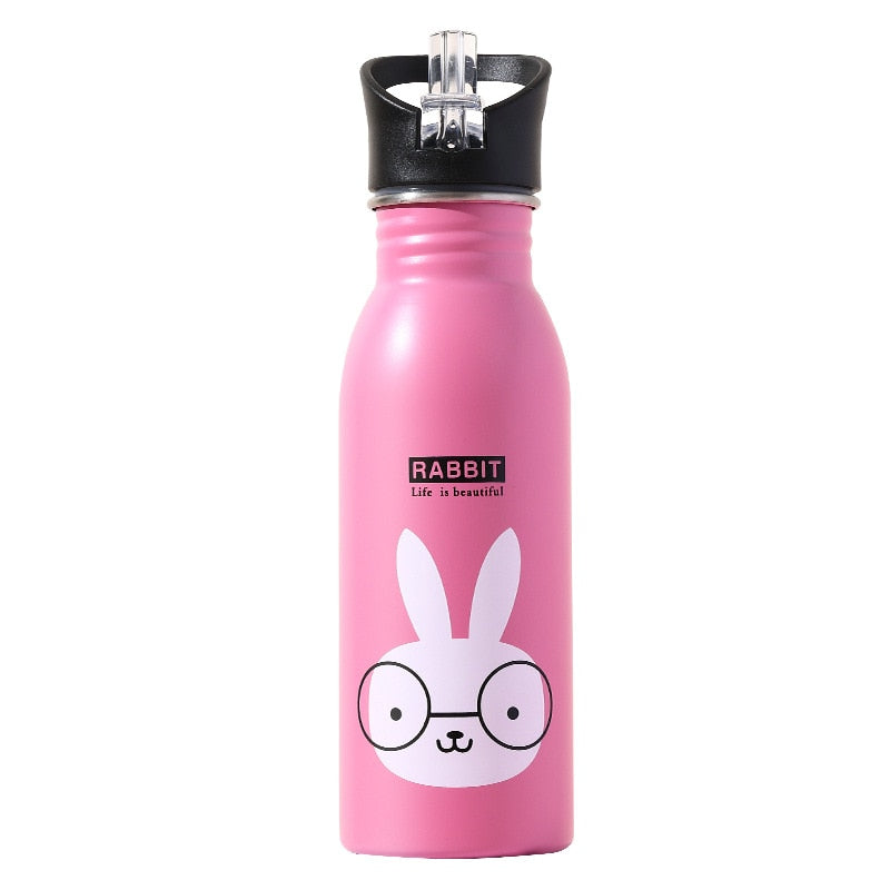 Cute Children Water Bottle Portable Outdoor Stainless Steel Water Bottles Cute Animal Pattern Cup Cold Drink Bottle with Straw