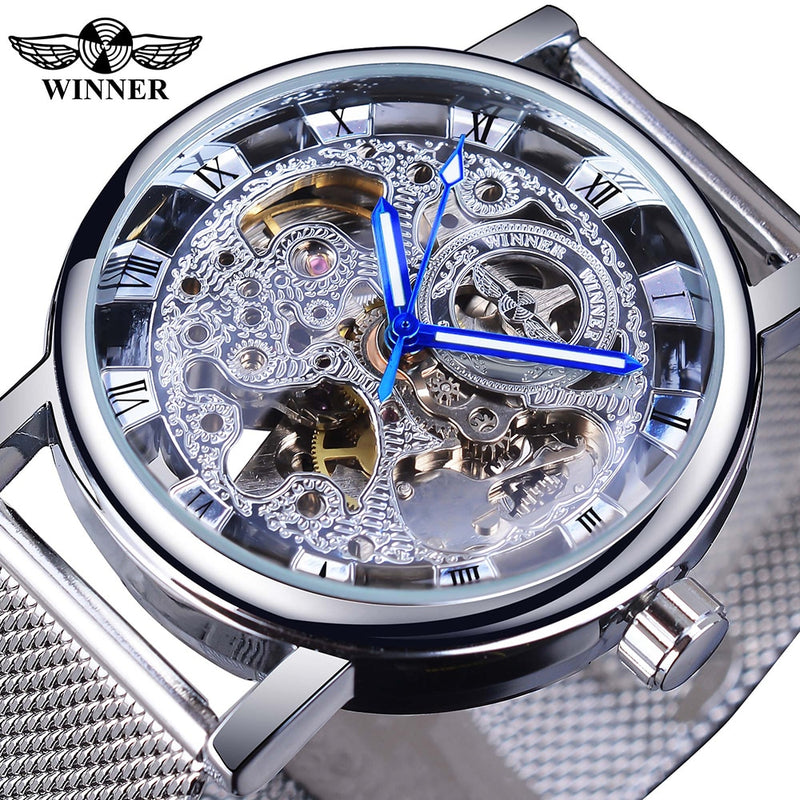 Winner Transparent Golden Case Luxury Casual Design Brown Leather Strap Mens Watches Top Brand Luxury Mechanical Skeleton Watch