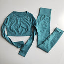 Damen nahtlose Yoga-Sets mit hoher Taille, Gym-Mesh-Leggings, Hemdenanzug, langärmelige Fitness-Workout-Sportlauf-dünne Yoga-Sets