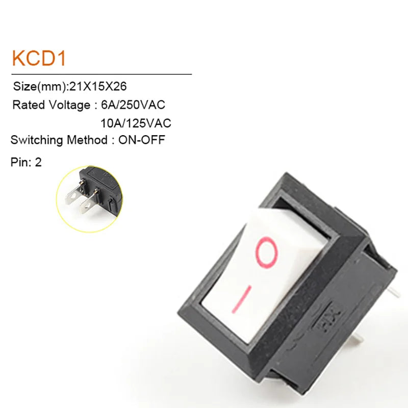 5/10Pcs 2Pin 21X15mm Rocker Switch 2 Position 6A/250VAC Power Switch ON-OFF Red Blue Green Yellow Black White