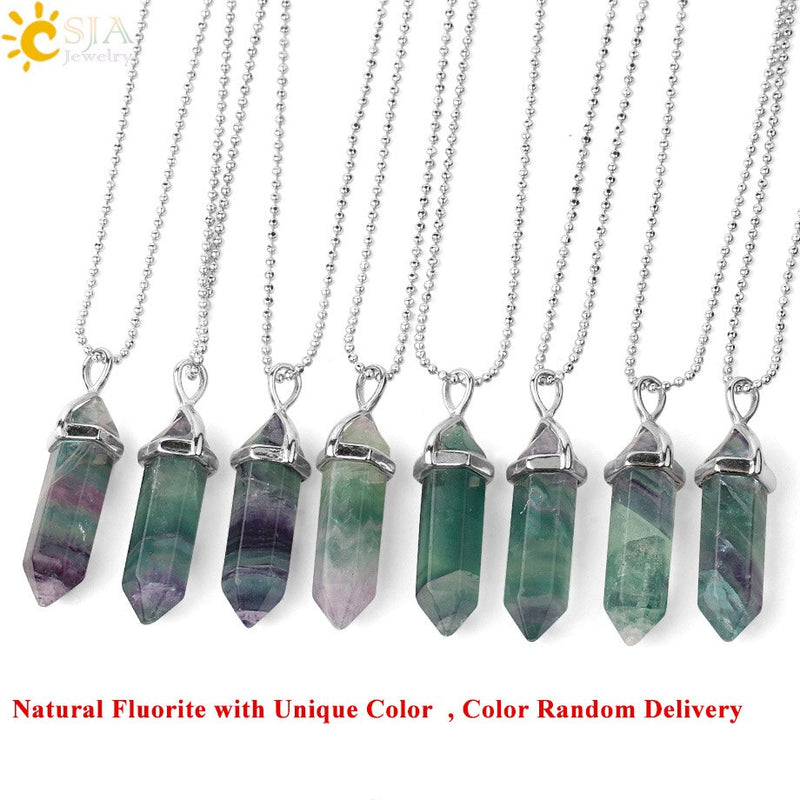 CSJA Natural Fluorite Necklace Pendants Gem Stone Crystal Necklaces Bullet Healing Suspension for Women Men Reiki Jewelry G548