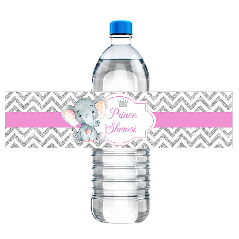 30pcs Personalized Cute Little Elephant Baby Shower Baptism Water Bottle Labels Customize Name Date Boy Girl Bautizo Stickers