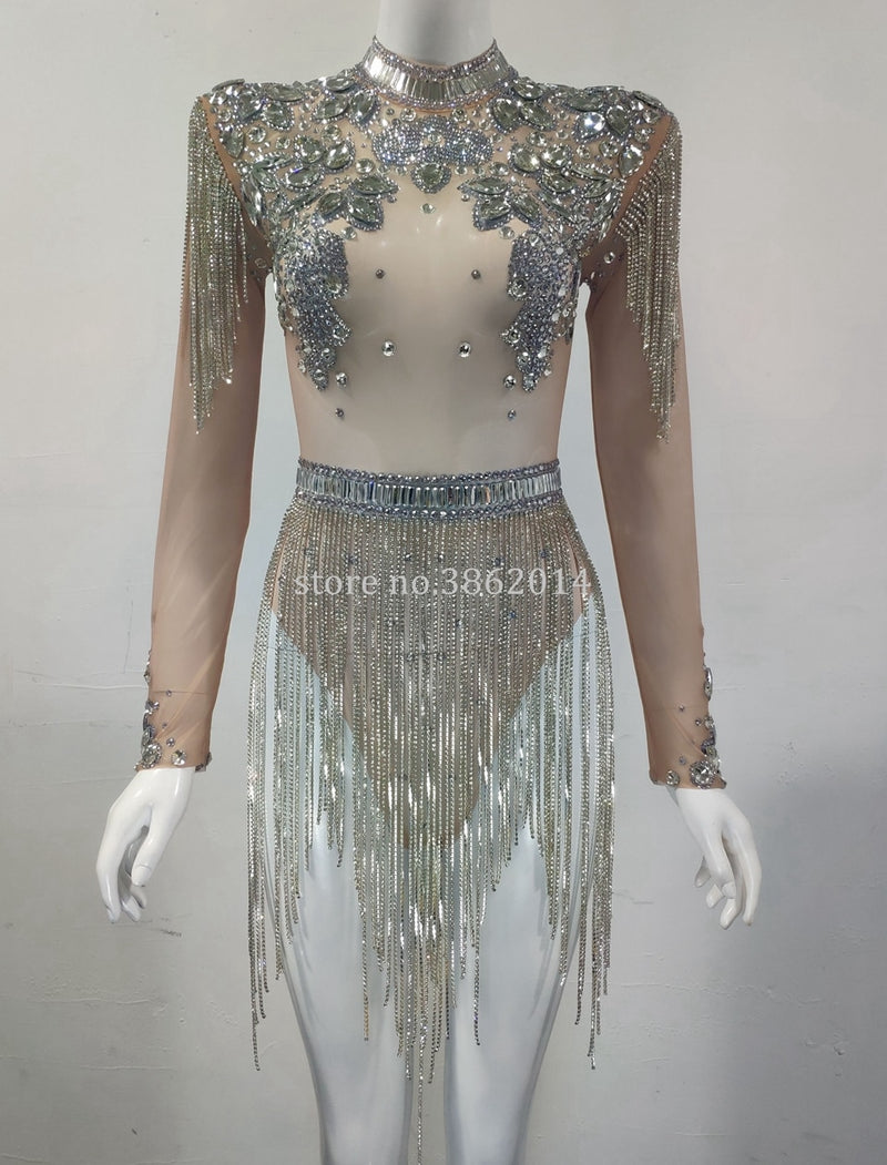 Shining Big Crystals Mesh Sexy Bodysuit Sparkly Rhinestone Fringes Party Nightclub Outfit Singer Stage Performance Dance Costume
