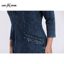 LIH HUA Women's Plus Size Denim Dress Elasticity  Knitted Denim Dresses Slim Fit Casual Dress Shoulder Pads Midi Dress
