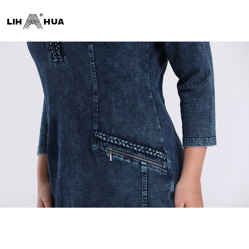 LIH HUA Women's Plus Size Denim Dress Elasticity  Knitted Denim Dresses Slim Fit Casual Dress Shoulder Pads Midi Dress