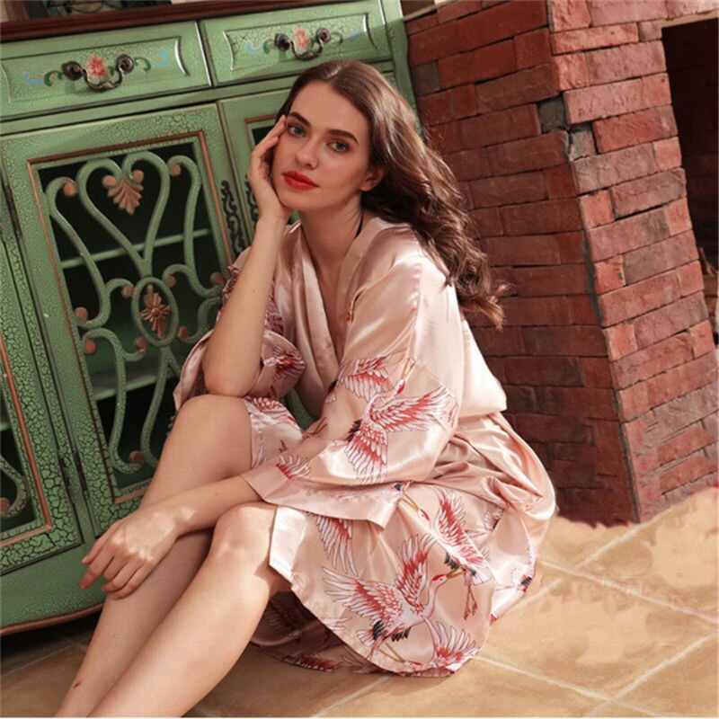 Japanese Style Long Loose Satin Peacock Woman Yukata Dress Pajamas Oriental Crane Kimono Haori Chinese Qipao Nightgown Robe