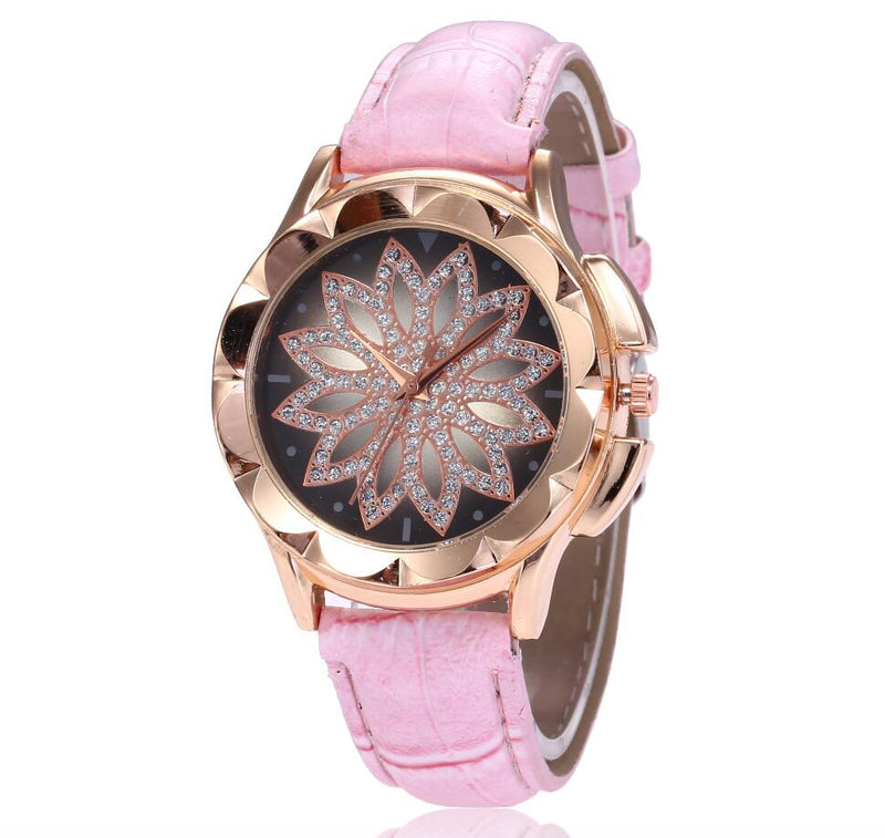 Women Watch set 2 pcs Flower Rhinestone Leather Straps Casual ladies Wristwatches Quartz Watches Female Gifts Relogio Feminino
