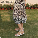 SUOJIALUN New Fashion Women Sandals Flat Heel Narrow Band Back Strap Summer Gladiator Shoes Ladies Casual Summer Beach Slides