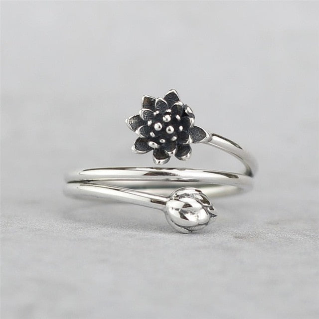 Real 925 Sterling Silver Jewelry Vintage Winding Lotus Flower Open Rings For Women Original Design Femme Popular Accessories