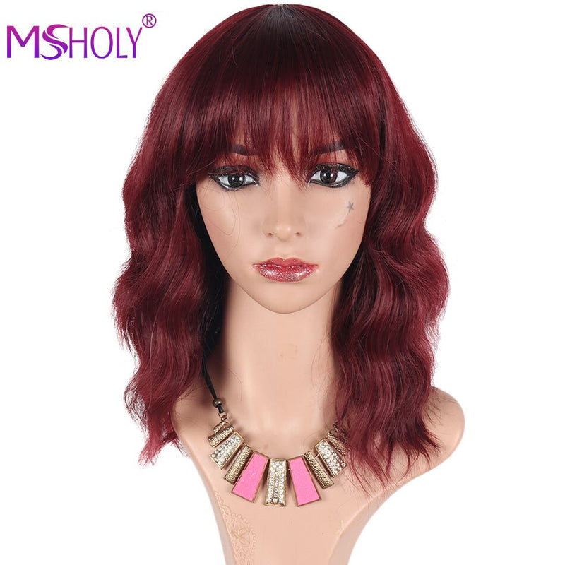 Curly Bob Wig With Bangs Synthetic Red Burgundy Pink Blonde Purple Wig Cosplay Short Bob Natural Wavy Hair Wigs For Women Msholy