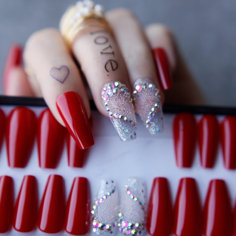 Valentine nails Luxury Coffin Love nails Red Acrylic False nails Logo customization Pink caviar AB Glitter transparent nail gel