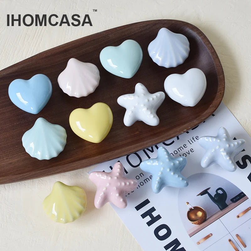 IHOMCASA Ceramic Knob Heart Seastar Shell Children Room Furniture Hardware Cabinet Handles Kitchen Wardrobe Bookcase Drawer Pull