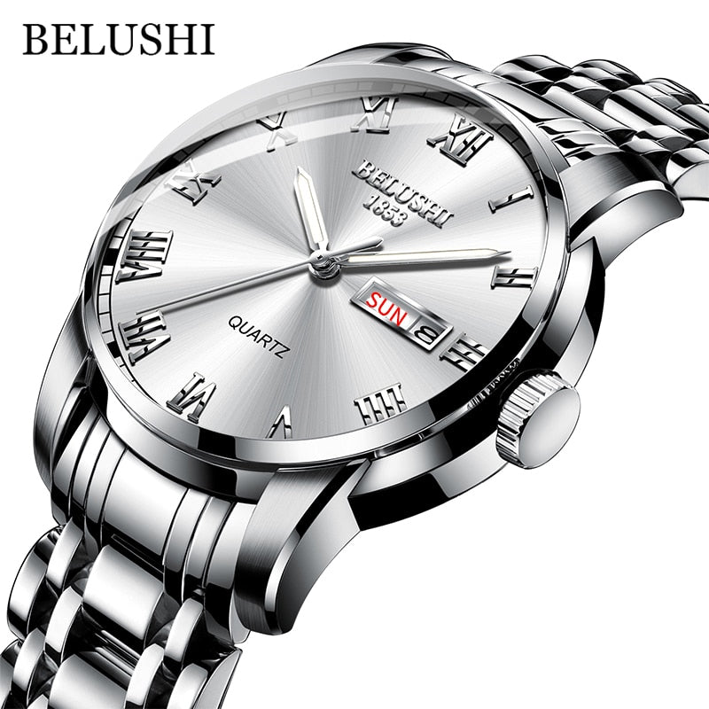 BELUSHI Top Brand Watch Men Stainless Steel Business Date Clock Waterproof Luminous Watches Mens Luxury Sport Quartz Wrist Watch