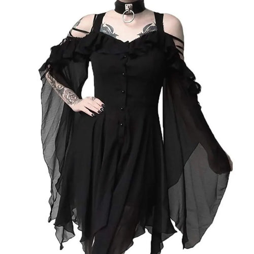 Gothic Witch Vintage Dress Women Sexy Hollow Out Lace Up High Waist Ruffle Trumpet Dress Off Shoulder Gothic Midi Dress Vestidos