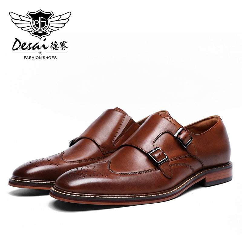 DESAI Monk Strap Slip on Genuine Leather Business Handmade Dress Brogue Shoes for Men with Buckle 2021