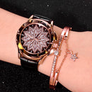 Women Watch set 2 pcs Flower Rhinestone Leather Straps Casual ladies Wristwatches Quartz Watches Female Gifts Relogio Feminino