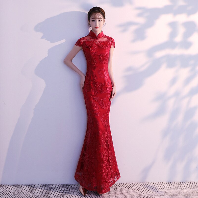 Lace Mermaid Chinese Style Lady Cheongsam Long Tight Elegant Dress Big Size 3XL Vestidso Vintage Red Bride Wedding Qipao S-203