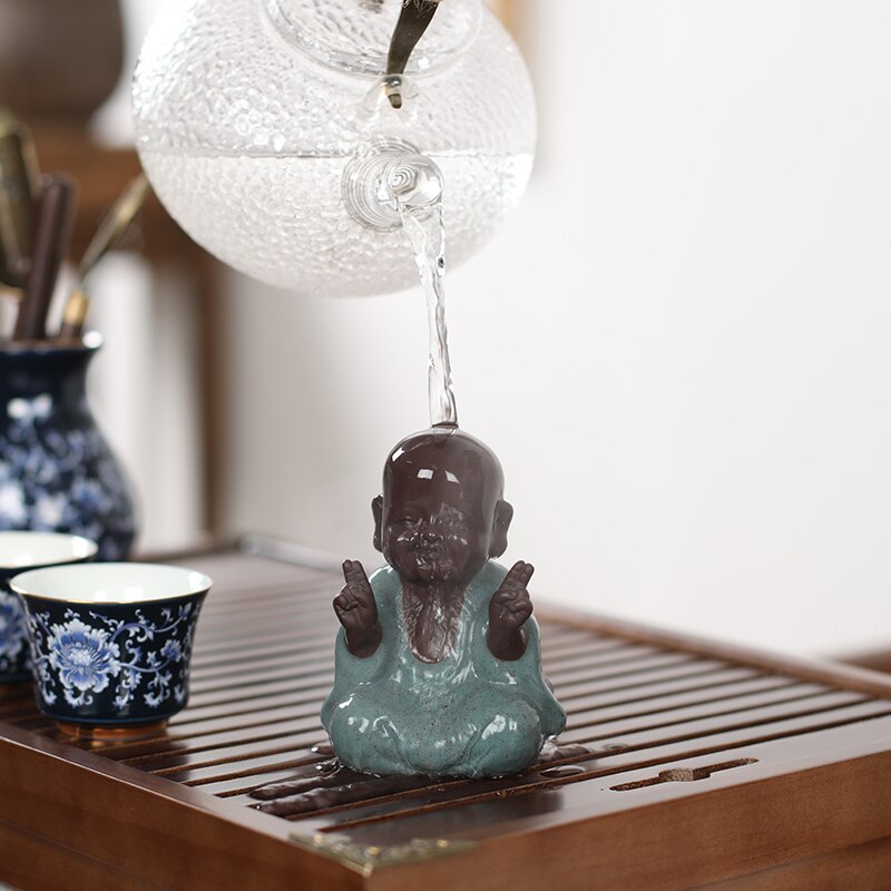 VILEAD 9cm Buddha Statues Small Monk Buddhism Figurines Tea Pet Statuette Feng Shui Ceramic Home Club Geomantic Decoration