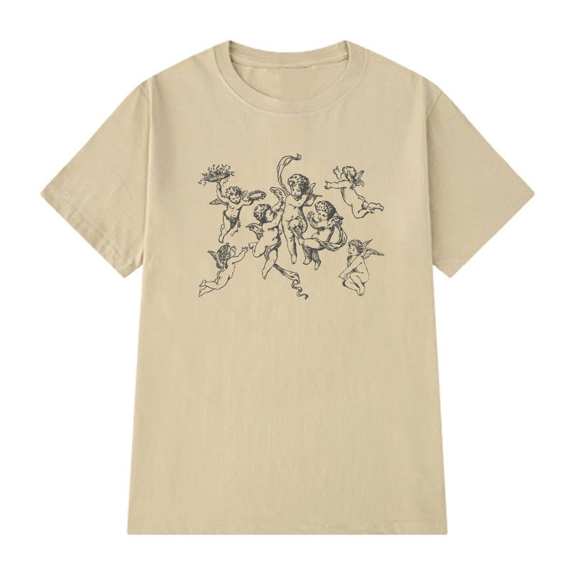 Women Angel Print Vintage Fashion T-Shirt Summer Cute Aesthetic Graphic Tees Female Short Sleeve Streetwear Tops Grunge Clothes