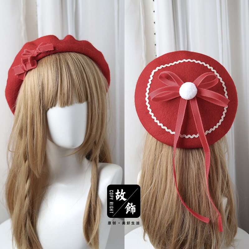 10 Colors Lolita Berets Wool Blend Hat Girls Bow Ribbon Fur Ball White Brown Pink Red Lady Sailor Style Preppy Chic Students Cap