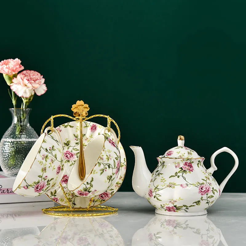 European Bone China Tea Set English Afternoon Tea Cup Set Teapot High-Grade Porcelain Coffee Pot 1 TeaPot 2 Cups and Saucers