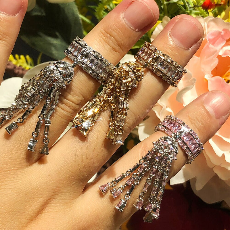 GODKI 2022 Trendy Twist Tassels Statement Rings for Women Cubic Zircon Finger Rings Beads Charm Ring Bohemian Beach Jewelry