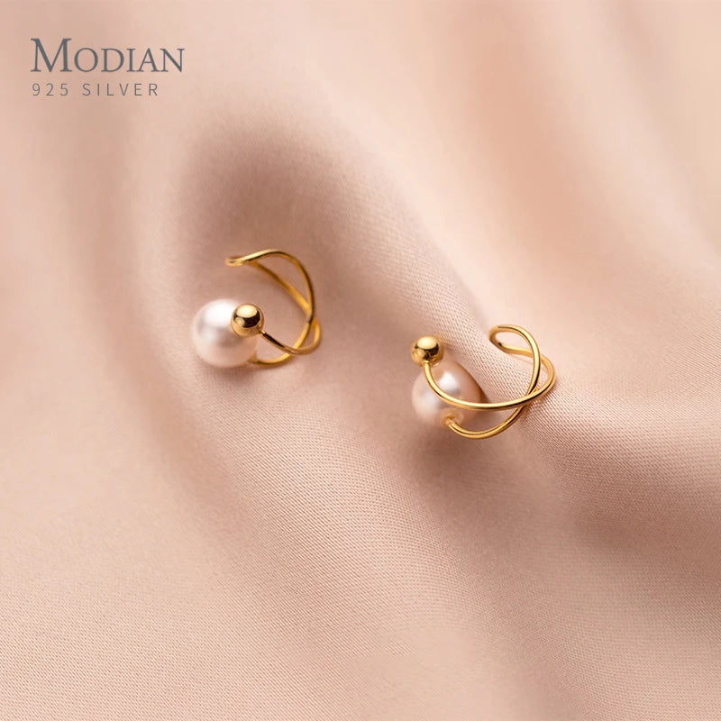 Modian Elegant Clips Earrings Cuff For Women Gold Color Pearl 100% 925 Sterling Silver Ears Brincos Fashion Fine Jewelry