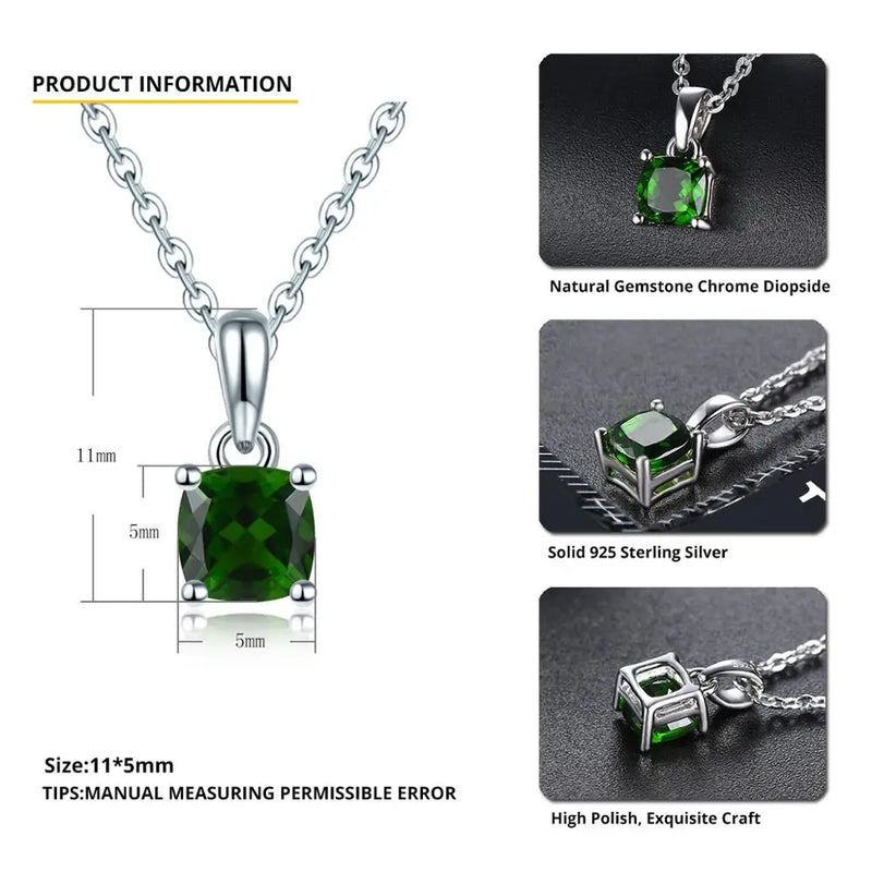 Natural Chrome Diopside Solid 925 Sterling Silver Pendant Russian Emerald Green Gemstone Silver Chain Fine Simple Jewelry