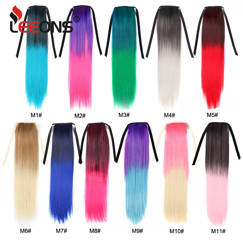 Leeons Synthetic Hair Ponytail Long Straight Around Clip In Ponytail Hair Extension Ombre Blue Hair Cosplay Party Ponytail