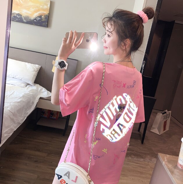 Harajuku Hip Hop Women Shirt INS Reflective Back Cartoon Bear T-shirt 2020 Summer Loose Couple Mid-length Short Sleeve Tops