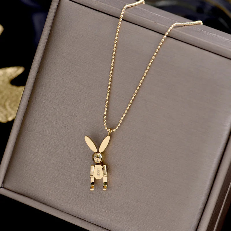 DIEYURO Stainless Steel Movable Rabbit Necklace Female Simple Temperament Personality Mechanical Rabbit Clavicle Chain Handmade