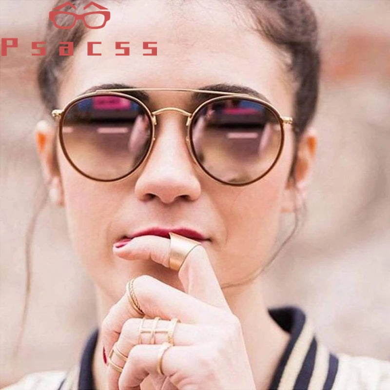 Psacss Sunglasses Women/Men 2019 Vintage Round Sun Glasses Double Beam Brand Designer Mirrored lentes de sol hombre/mujer UV400