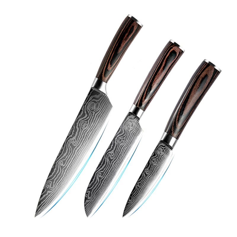 Knife Set Kitchen 3PCs Japanese Chef Knives Laser Damascus Pattern 440C Stainless Steel Cleaver Slicing Santoku Meat Fruit Knife