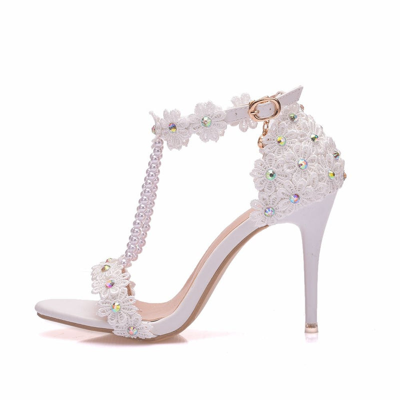 Crystal Queen Women Sandals White Lace Flowers Pearl Tassel 9CM Fine High Heels Slender Bridal Pumps Wedding Shoes