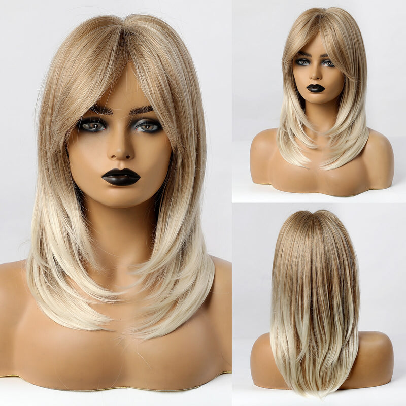 LOUIS FERRE Ombre Blonde Synthetic Wig with Bangs for Women Medium Length Layered Straight Bob Wigs Heat Resistant Daily Use Wig