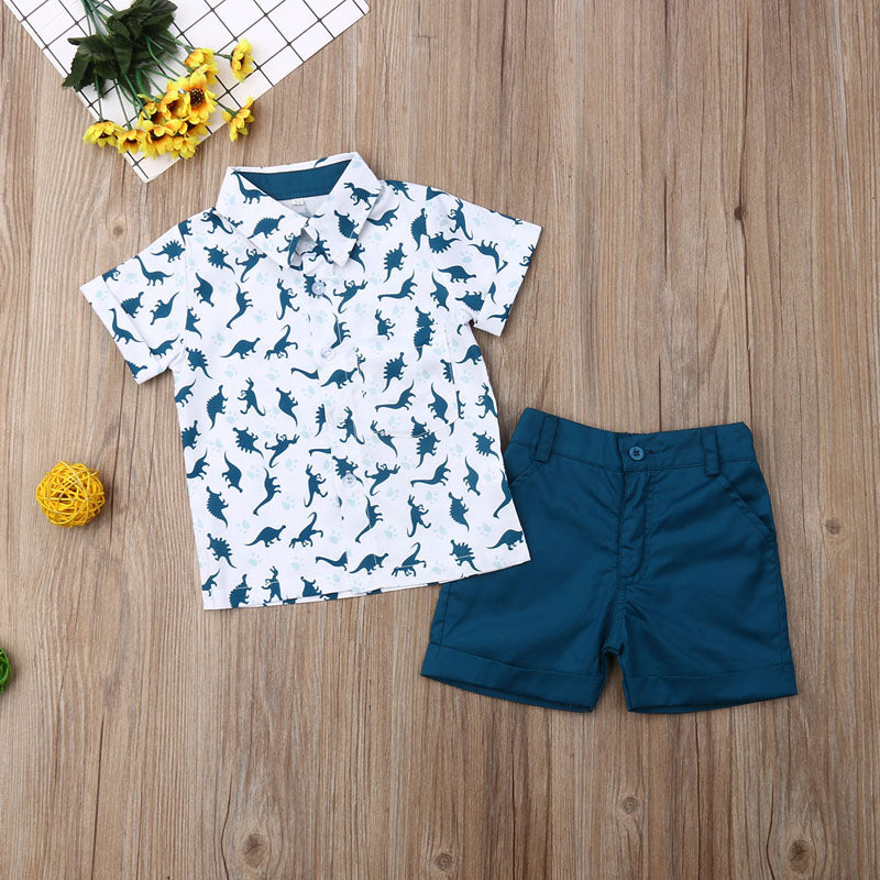 lioraitiin 1-6Years Kids Clothes Set Baby Boy Dinosaur Turn-down Collar Short Sleeve T-shirt Pant 2Pcs Casual Summer Clothes Set