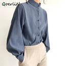 Große Laterne Ärmel Bluse Frauen Herbst Winter Einreiher Stehkragen Shirts Büroarbeit Bluse Solide Vintage Bluse Shirts
