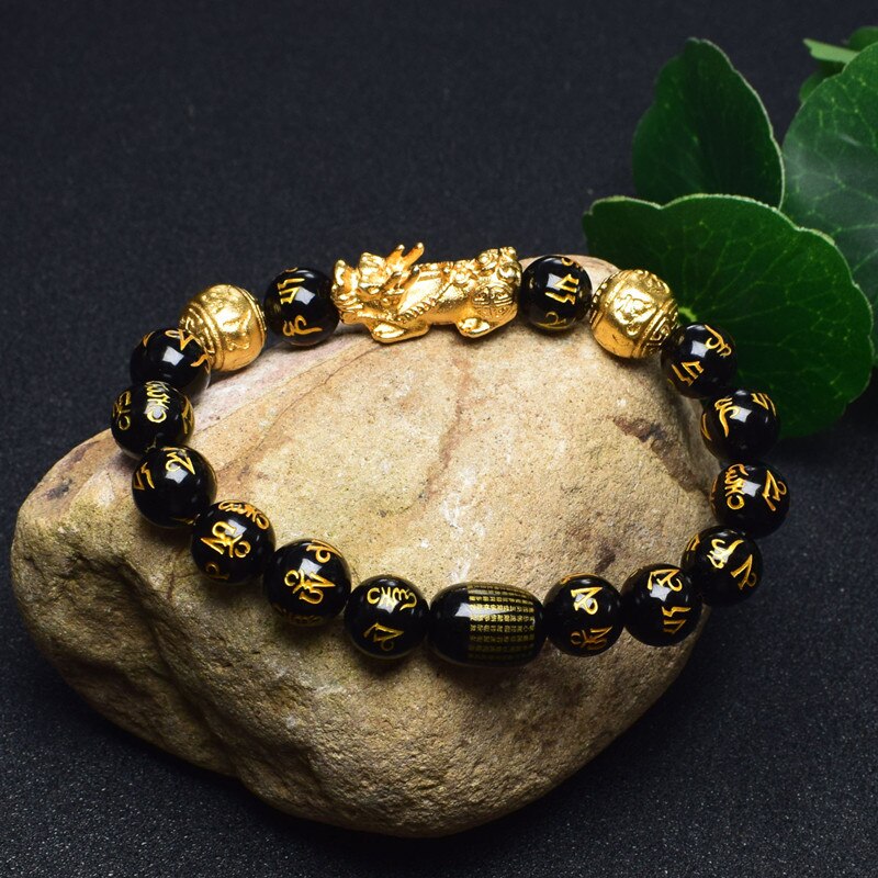 Stone Beads Bangles Bracelet 6 Words Gold Color Brave Troops Chinese Lucky Enegry God Beast Pixiu Bracelet Dropship Jewelry Gift