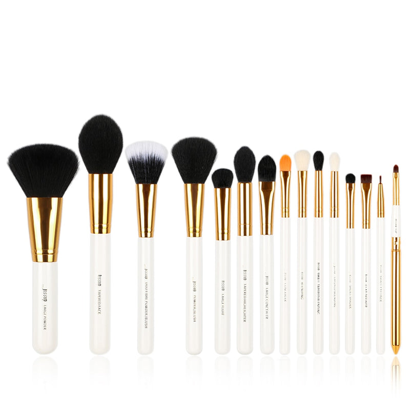 Jessup Brushes 15pcs Makeup Brushes Set Powder Foundation Eyeshadow Blending Make Up Tool Kits Shadow Liner Lip, White/Gold T103