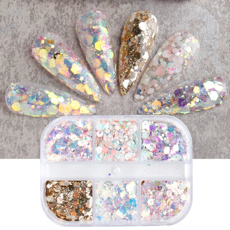 6 Grid Snow Crystal Nail Glitter Powder Sparkly Ice Chrome Flakes Reflective Thin Sequins Autumn Winter Nail Art Decoration LAXR