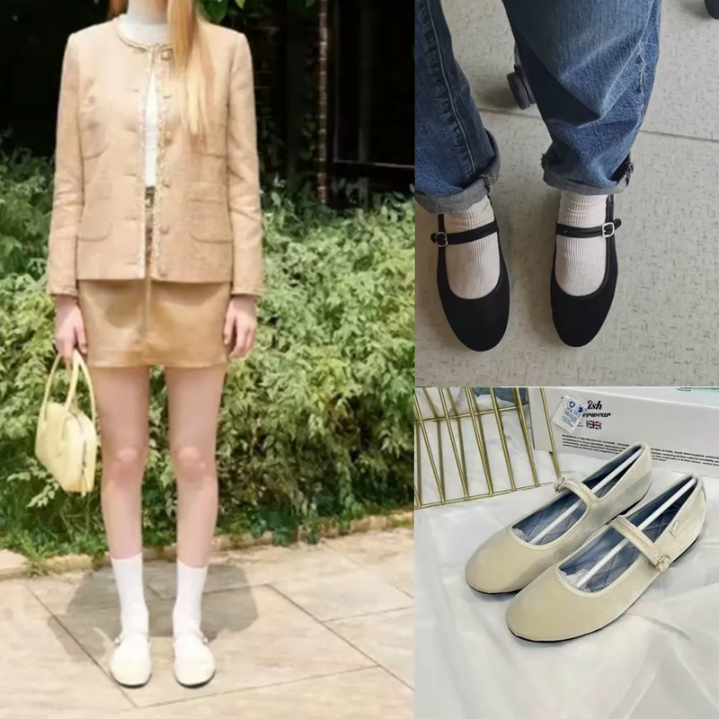 Daitifen 2022 New Velvet Mary Jane Buckle Shoes Women Lady Female Flat Pumps 벨벳 메리제인 슈즈 Instagram Style Casual Solid Black Beige