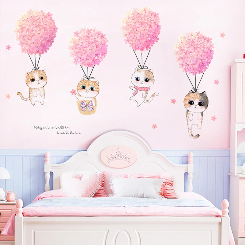 Pink Flower Cute Cats Wall Stickers For Kids Rooms Girl Bedroom Home Wardrobe Wall Decor Self Adhesive Vinyl Sticker Wallpapers