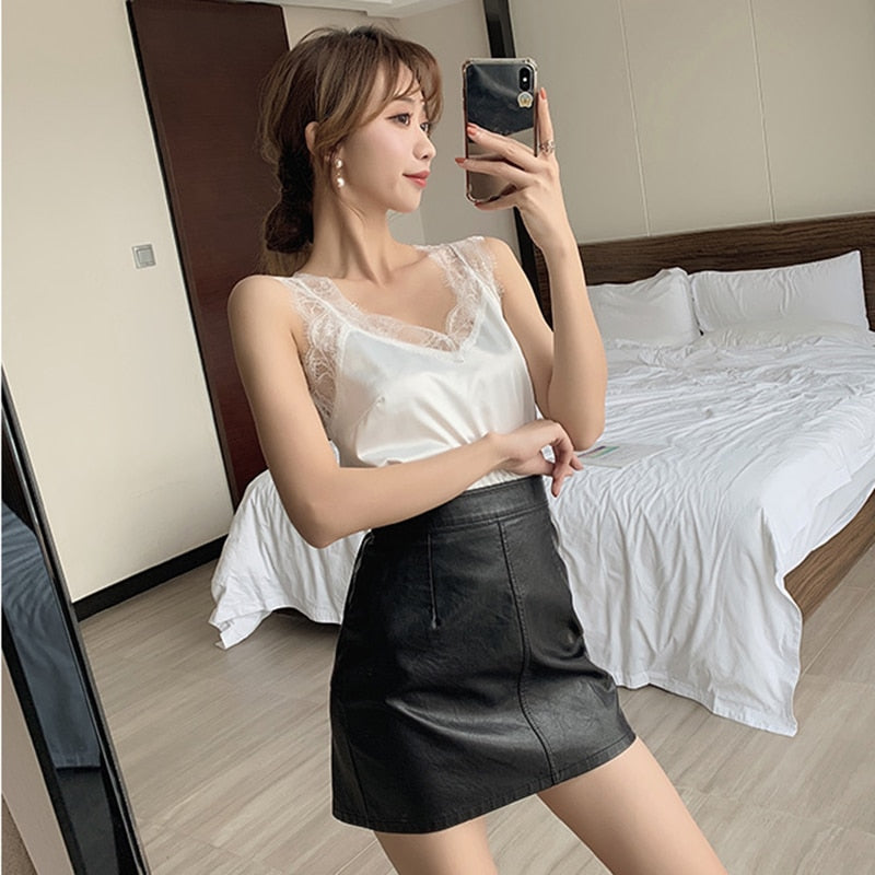 Women's Satin Summer Tops For Women 2023 V Neck Basic Sleeveless Lace Tank Tops Women Summer Female Silk Top White