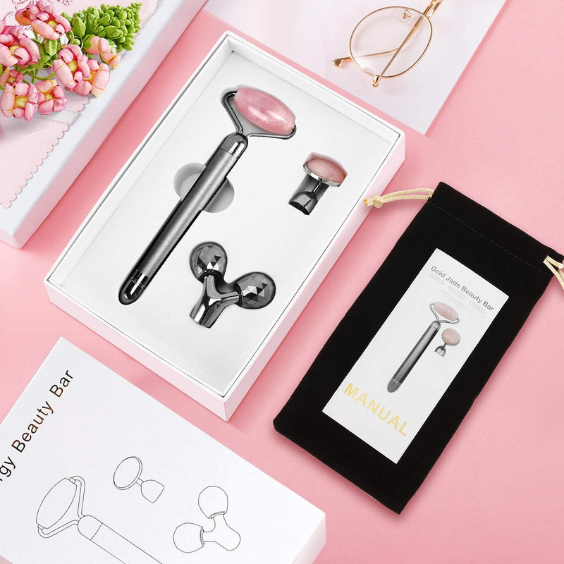 3-in-1 Electric Rose Quartz Jade Roller and Face Massager Set Face Care Tools Eye Massager and 3D Face, Head, Arms,Neck Massager