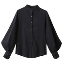 Große Laterne Ärmel Bluse Frauen Herbst Winter Einreiher Stehkragen Shirts Büroarbeit Bluse Solide Vintage Bluse Shirts
