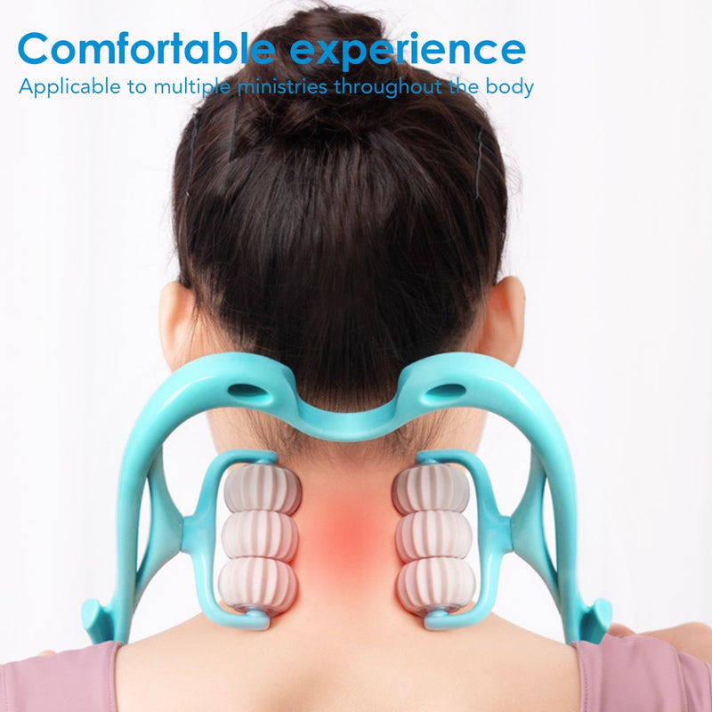 Neck Massager Therapy Neck and Shoulder Dual Trigger Point Roller Self-Massage Tool Relieve Hand Pressure Deep Massage